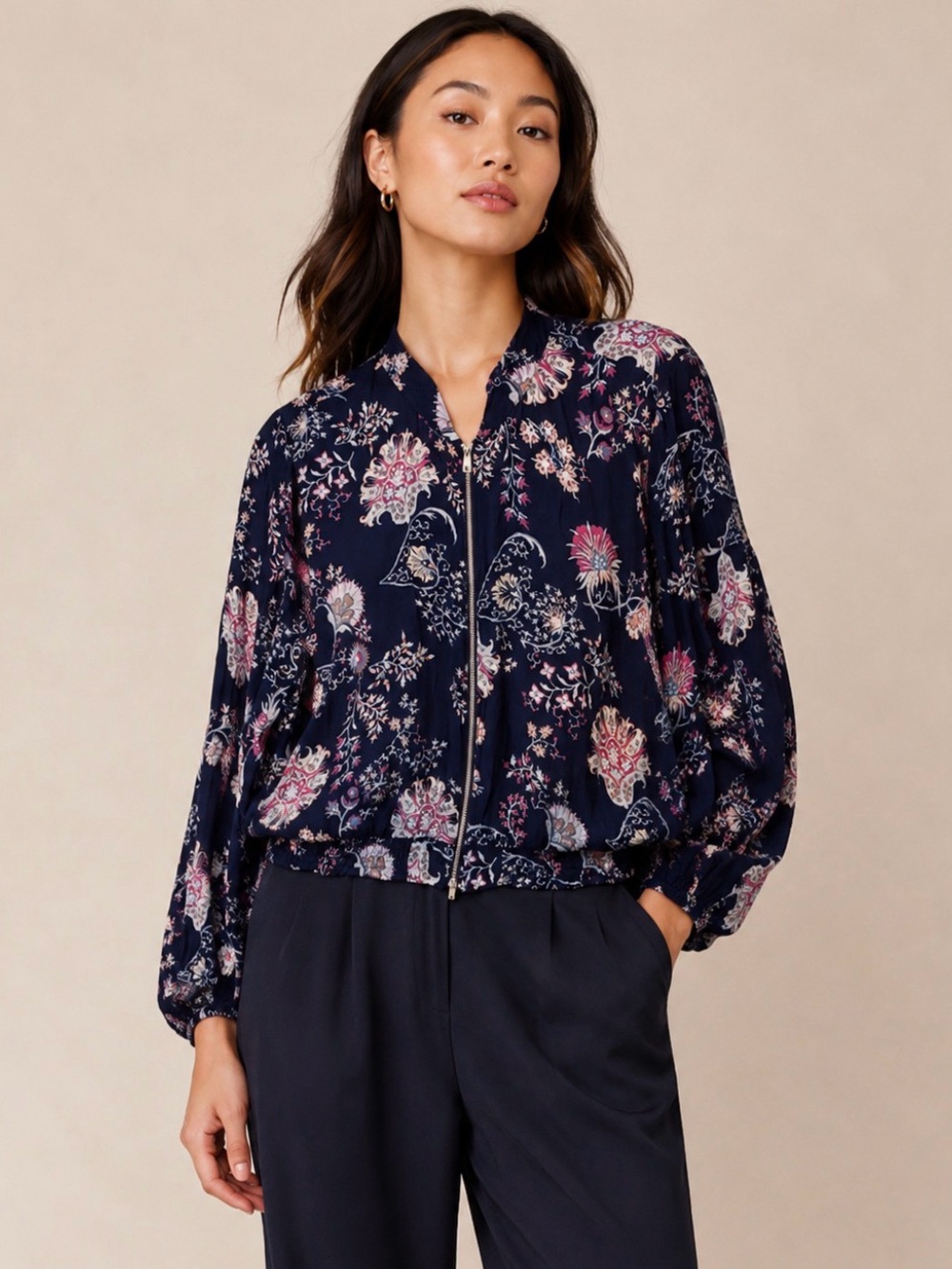 Josie Natori Floral Zip Up Top Jacket Blouse Size Large Business Office